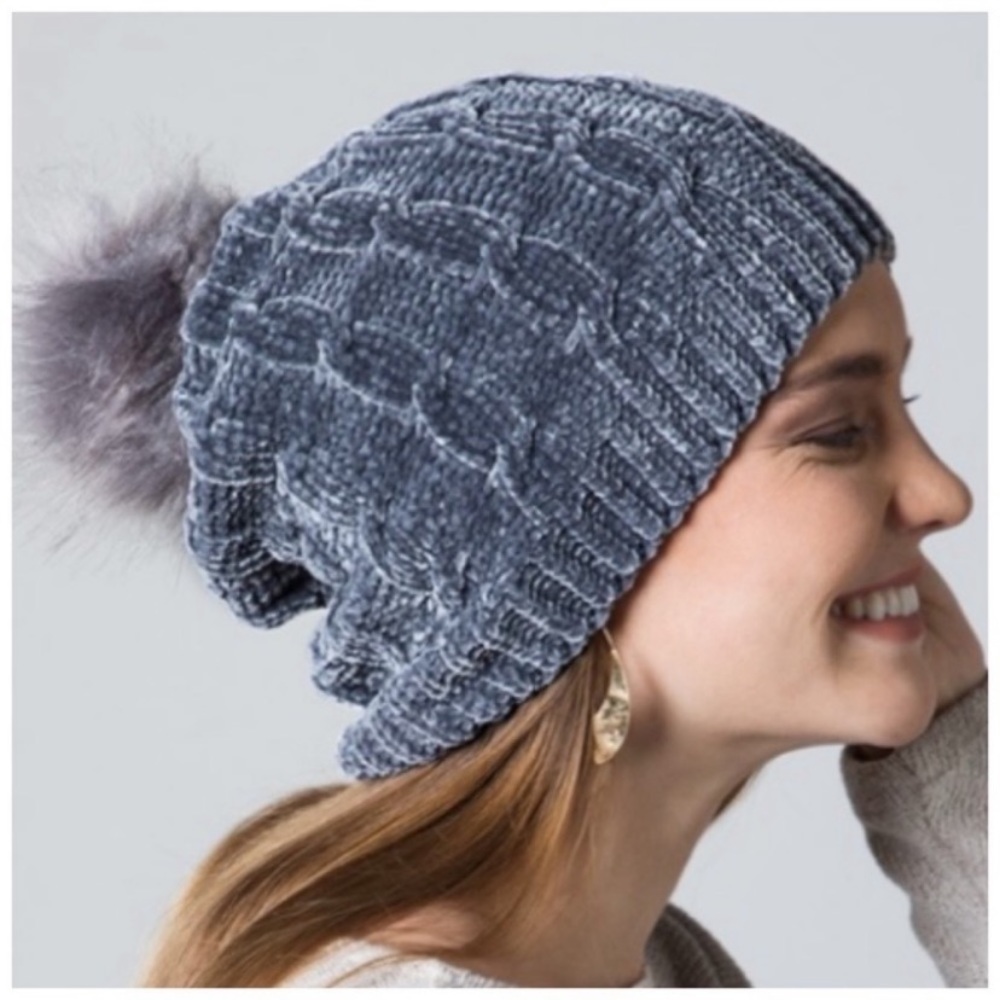Dark grey soft chenille fur pom beanie